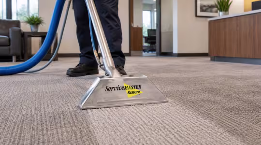 view of a carpet cleaning wand going across dirty commercial carpet in a modern office setting