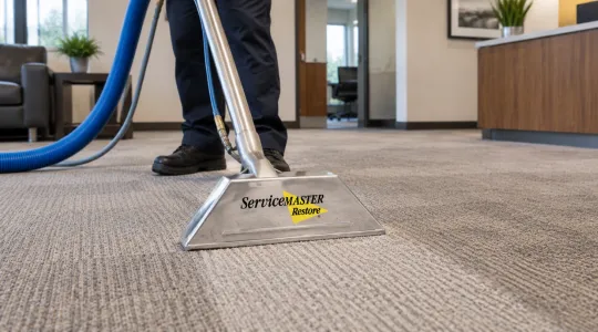 view of a carpet cleaning wand going across dirty commercial carpet in a modern office setting
