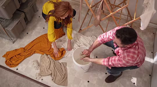 male and female cleaning water from basement floor 