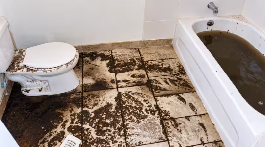 Dark colored sewer discharge on bathroom tile, inside of tub and toilet